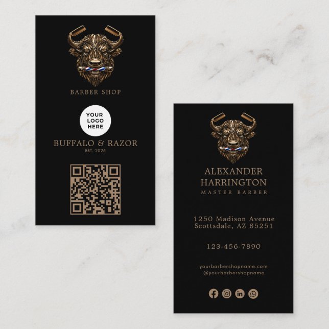 Modern Brons Buffalo Barberare Butik Logotyp Qr Ko Visitkort (Fram/baksida)