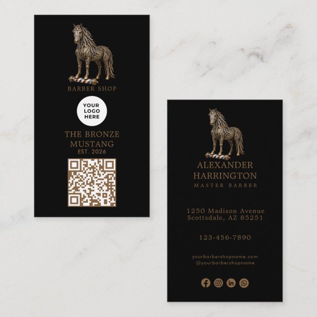 Modern Brons Mustang Barberare Butik Logotyp Qr Ko Visitkort (Fram/baksida)