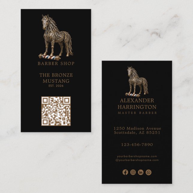 Modern Brons Mustang Barberare Butik Logotyp Qr Ko Visitkort (Fram/baksida)