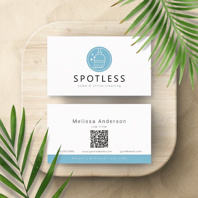 Modern Broom Logo QR Code Cleaning Service Maid Visitkort (Skapare uppladdad)