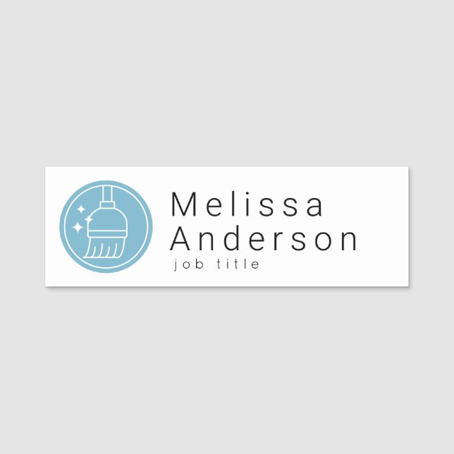 Modern Broom Logotyp Blå Städtjänst Namnbricka (Framsida)