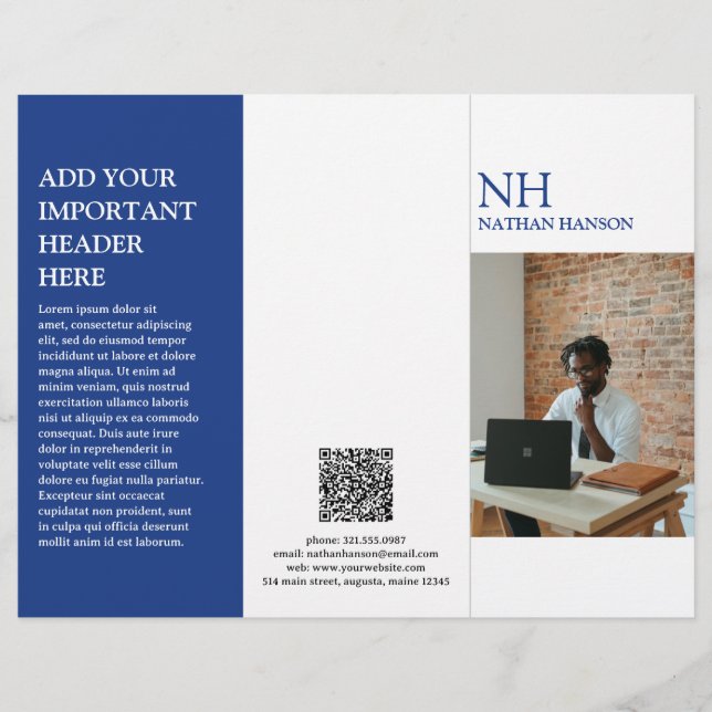 Modern broschyr, enkelt blått monogram (Framsida)