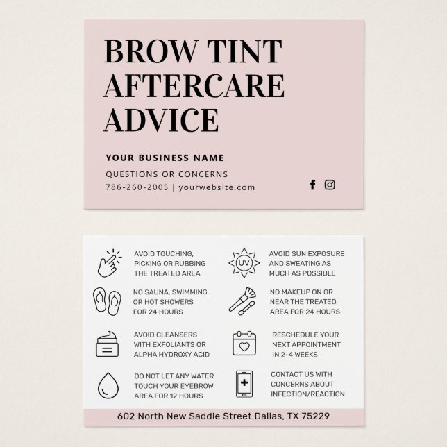 Modern Brow Tint Aftercare Instruktionskort Visitkort (Framsida & baksida)