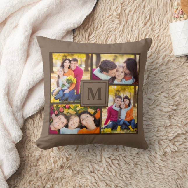 Modern Brown 4 Family Photo Collage Monogram Kudde (Filt)