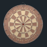 Modern Brown Beige Anpassningsbar Family Namn och  Darttavla<br><div class="desc">En klassisk ritbordskonstruktion med alternerande bruna och ljusbruna trianglar. Det användor en modern brun nyans. Ovanför och nedanför finns namn och ett meddelande i form av bågtext med versaler.</div>