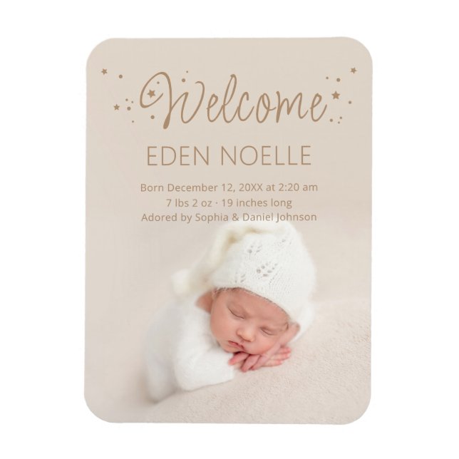 Modern Brown Calligraphy Stars Birth Notice Magnet (Vertikal)