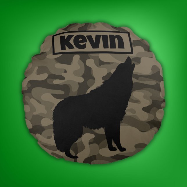 Modern Brown Camo Black Varg Silhouette Monogram | Rund Kudde (Skapare uppladdad)