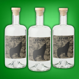 Modern Brown Camo Black Varg Silhouette Monogram | Spritflaskor Etikett