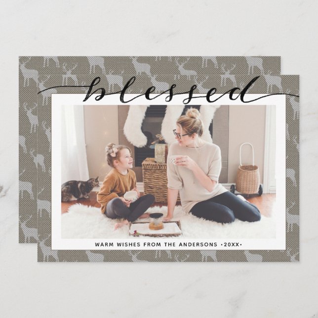 Modern Brown Grått-Chic-skript BLESSED-minimalisti Julkort (Fram/baksida)