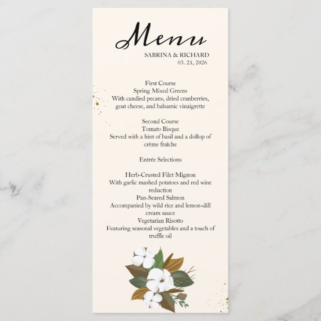 Modern Brown och Cream Blommigt Bröllop Meny (Framsida)