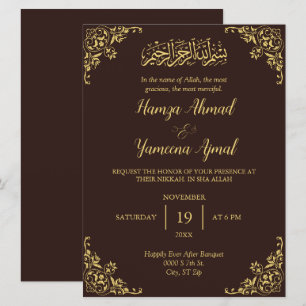 Modern Brown och Guld Muslim Islamic Nikkah Inbjudningar