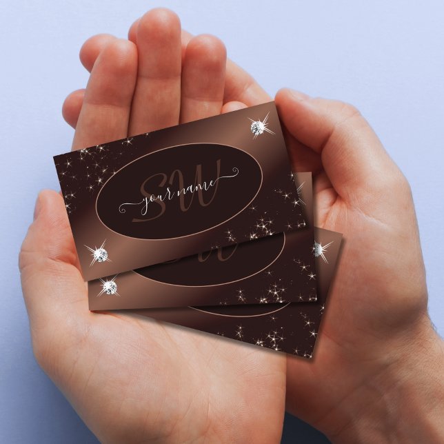 Modern Brown Ombre Glitter Stars Diamonds Monogram Visitkort (Skapare uppladdad)