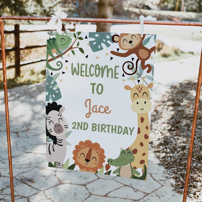 Modern Brown Vild Safari Birthday Välkomstskylt Fototryck (Boys Safari Welcome Sign, Wild Safari Welcome Birthday Party Poster, Jungle Animals Welcome Sign)