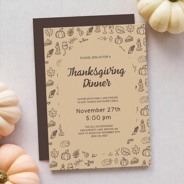 Modern Brown Whimsical Hand plockade Thanksgiving Inbjudningar (Modern Brown Pumpkin Leaves Thanksgiving Dinner Invitation)