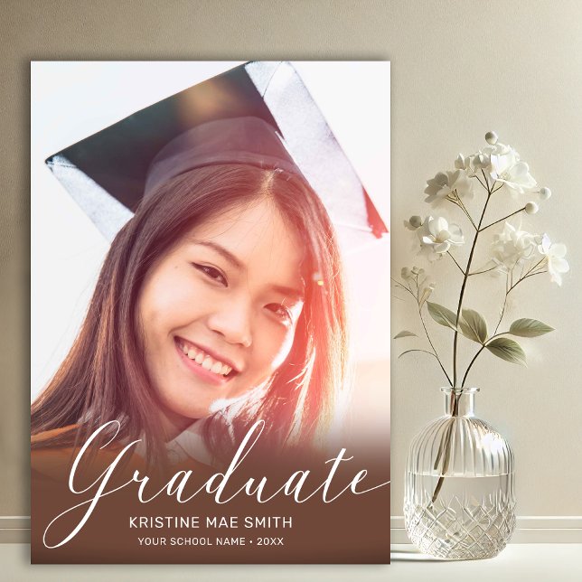 Modern Brown White Calligraphy Photo Studenten Meddelande (Brown with White Script Photo Graduation Announcement)
