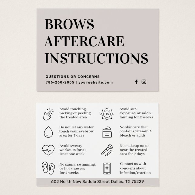 Modern Brows Aftercare PMU Brow Instructions Card Visitkort (Framsida & baksida)