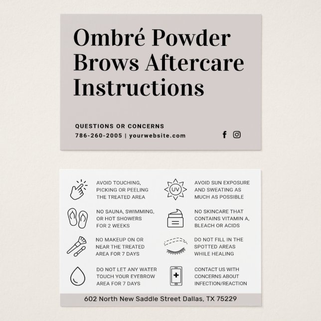 Modern Brows Aftercare PMU Brow Instructions Card Visitkort (Framsida & baksida)