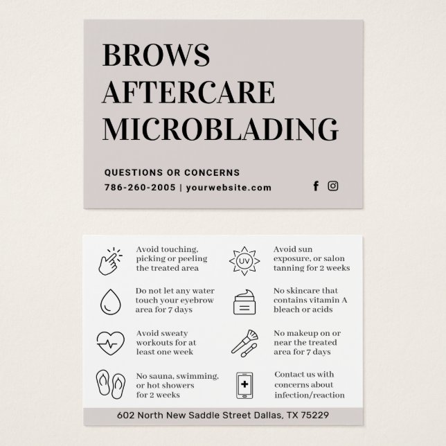 Modern Brows Aftercare PMU Brow Instructions Card Visitkort (Framsida & baksida)