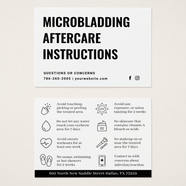 Modern Brows Microblading Instructions Card Visitkort (Framsida & baksida)