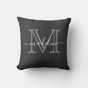 Modern Brshed Metall Black Grått-skript Monogram Kudde