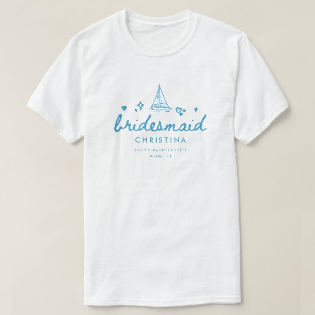 Modern Brudtärna Blå Script Lake Möhippa T Shirt (Design framsida)