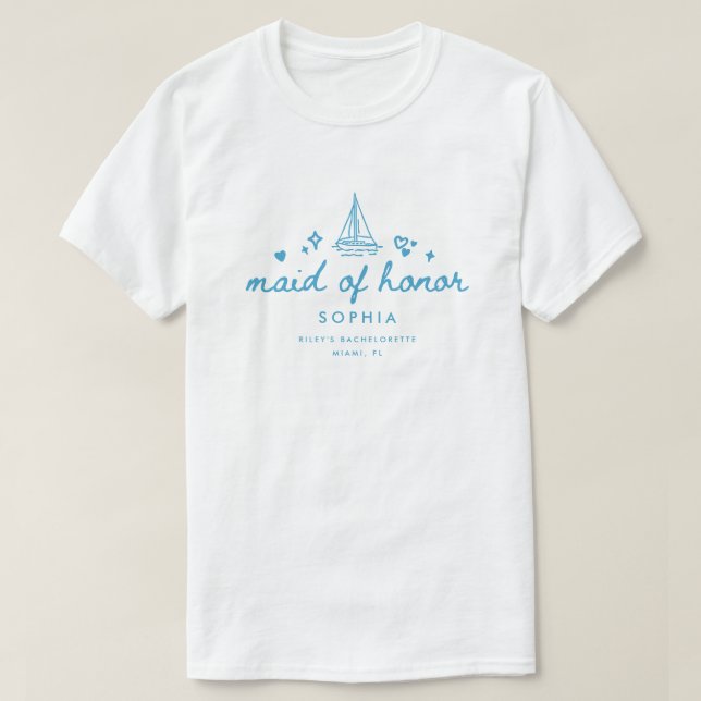 Modern Brudtärna Blå Script Lake Möhippa T Shirt (Design framsida)