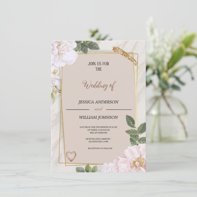 modern brun bröllopsfest av elegant med blommor inbjudningar (Stående Fram)