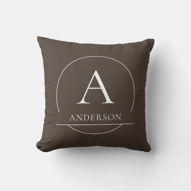 Modern Brun Enkel Initial Familjenamn Monogram Kudde (Framsida)
