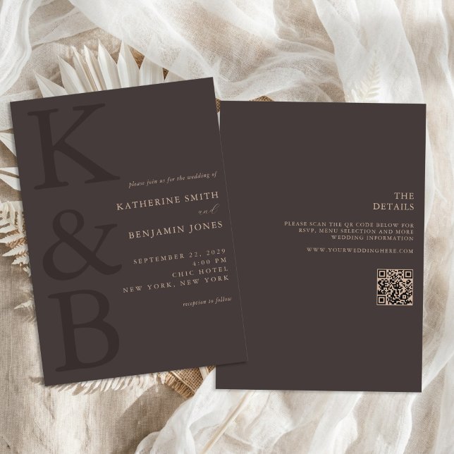 Modern Brun Monogram Allt-i-ett Bröllop Inbjudningar (Skapare uppladdad)
