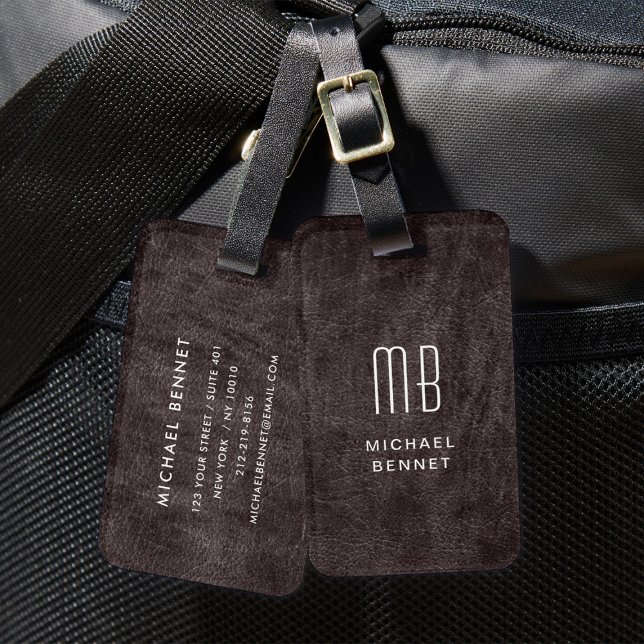 Modern Brun Monogram Bagagebricka (Monogrammed Modern Brown Faux Leather Texture Luggage Tag)