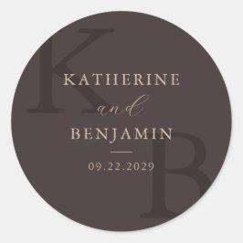 Modern Brun Monogram Minimalistisk Bröllop Runt Klistermärke