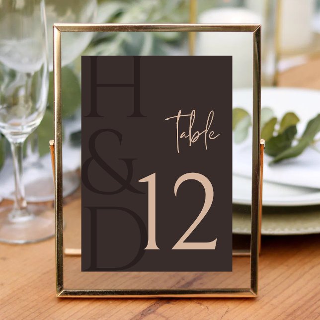 Modern Brun Monogram Minimalistisk Bröllopsklännin Bordsnummer (Modern brown monogram table number adds a warm, minimalist touch to reception tables.)