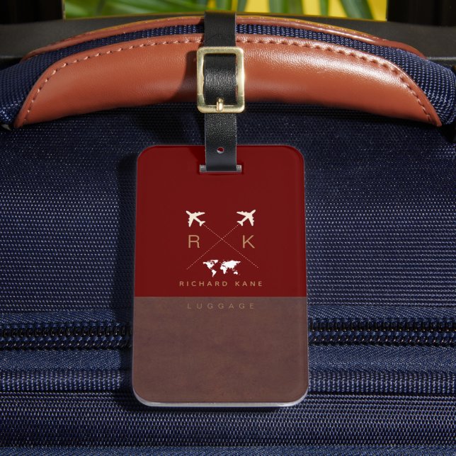 Modern brun/röd resresemagg med Namn Bagagebricka (Framsida Insitu 2)