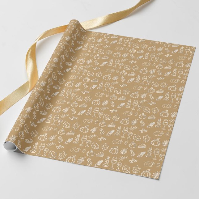 Modern Brun Söt Klotter Mönster Höst Tackgivelse Presentpapper (Modern Brown Cute Doodle Pattern Fall Thanksgiving Wrapping Paper)