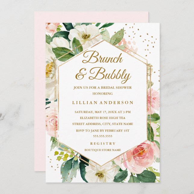 Modern Brunch och Bubbelfärgad  Blommigt Guld Inbjudningar (Fram/baksida)