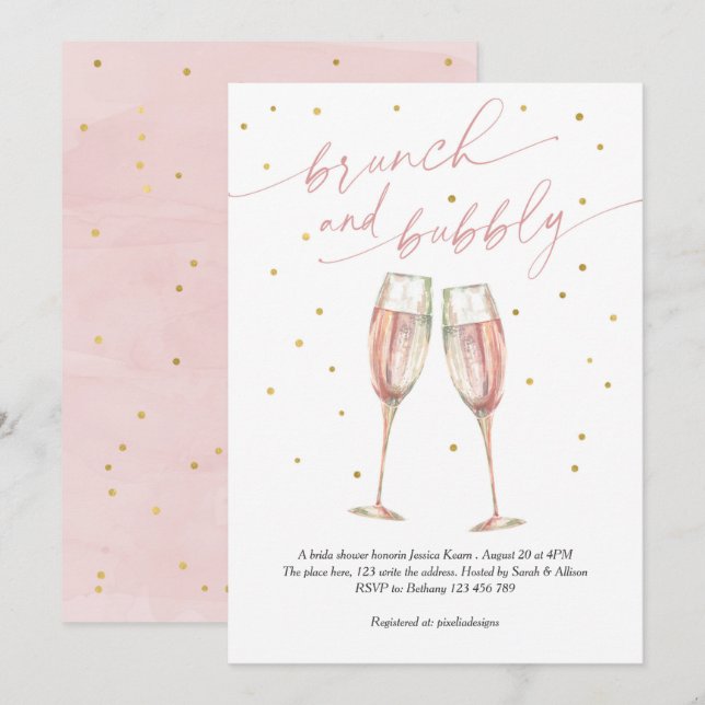 Modern brunch och bubblor, champagne möhippa inbjudningar (Fram/baksida)
