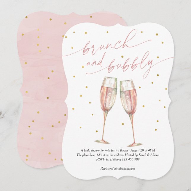 Modern brunch och bubblor, champagne möhippa inbjudningar (Fram/baksida)
