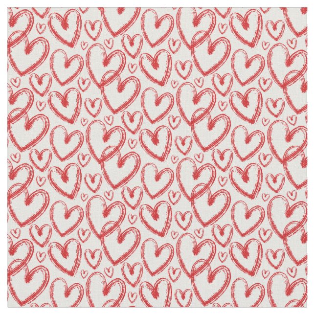 Modern Brush Heart Red White Mönster Tyg (Närbild)