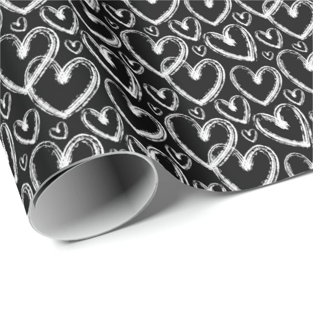 Modern Brush Heart White Black Mönster Presentpapper (Rullad Hörn)