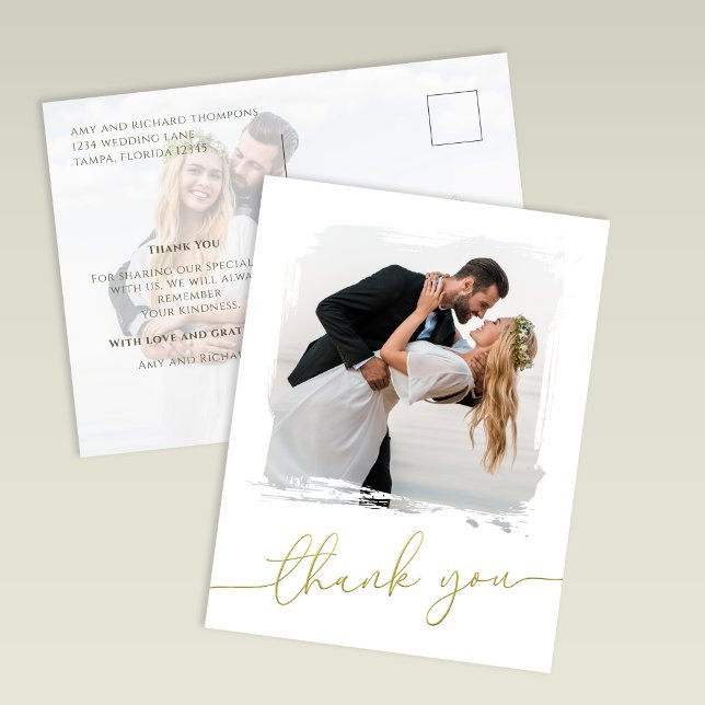 Modern Brush Photo Gold Script Wedding Thank You Vykort (Modern wedding thank you card with brush photo overlay and gold script design)
