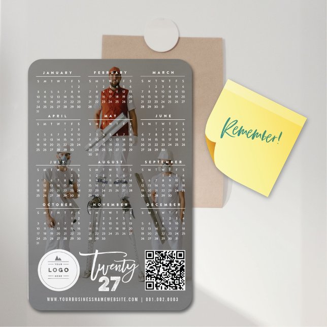 Modern Brush Script 2023 Kalendergavofoto Magnet (White Brush Script 2027 Photo Calendar New Year Flexible Magnet + Logo & QR Code @ fat_fa_tin)