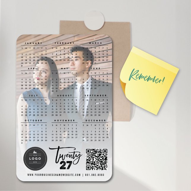 Modern Brush Script 2023 Kalendern Holiday Foto Magnet (Black Brush Script 2027 Photo Calendar New Year Flexible Magnet + Logo & QR Code @ fat_fa_tin)