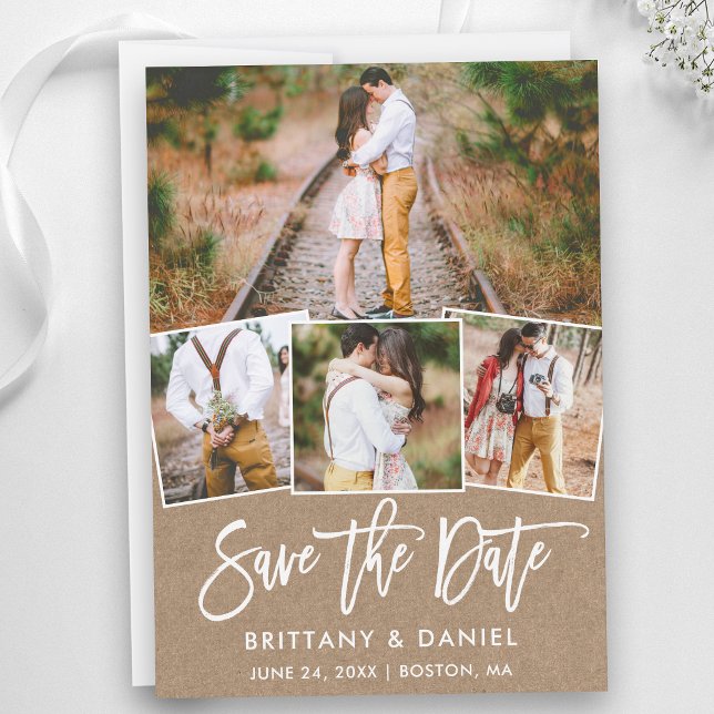 Modern Brush Script 4 Foto Collage Kraft Spara Datumet (Customize to add text to back of card.)