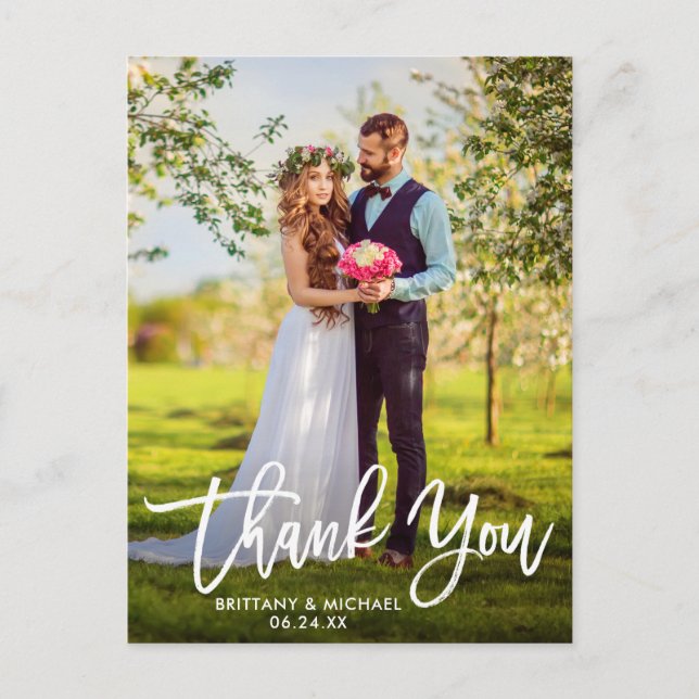 Modern Brush Script | Bröllopsfoto tack W Vykort (Framsida)