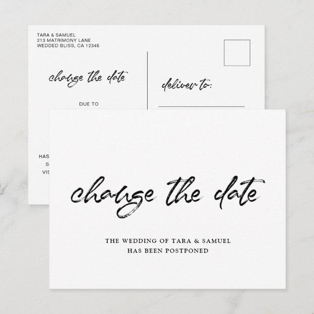 Modern Brush Script Enkel Bröllop Ändra Datum Meddelande Vykort (Fram/baksida)
