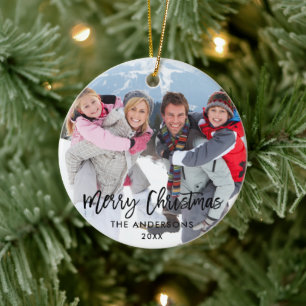 Modern Brush Script Familjefoto God Jul Julgransprydnad Keramik