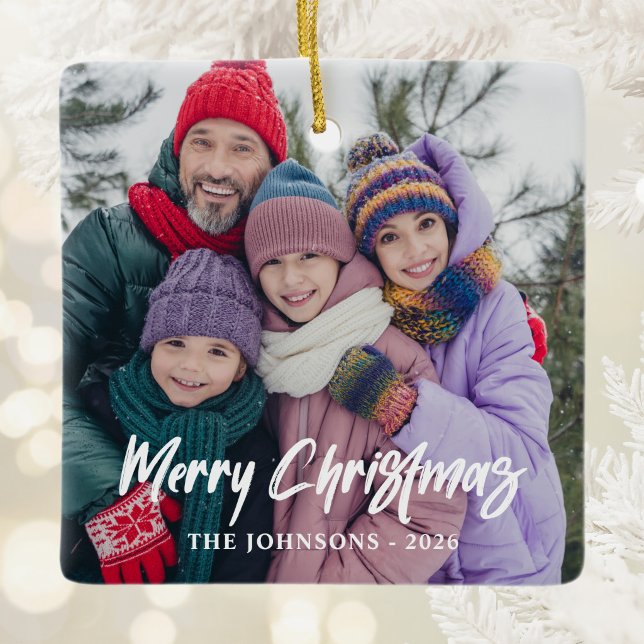 Modern Brush Script God Jul Bilder Julgransprydnad Keramik (Modern Brush Script Merry Christmas Photos Ceramic Ornament)