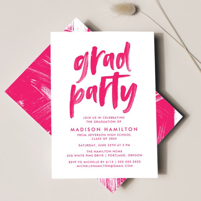 Modern Brush Script Hot Pink Examenstårtfest Inbjudningar (Skapare uppladdad)