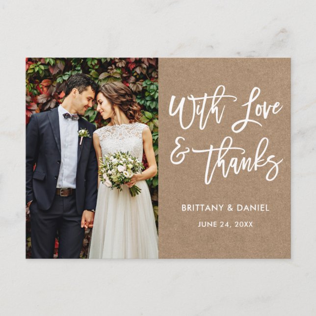 Modern Brush Script Kärlek och tack Bröllop Kraft Vykort (Framsida)