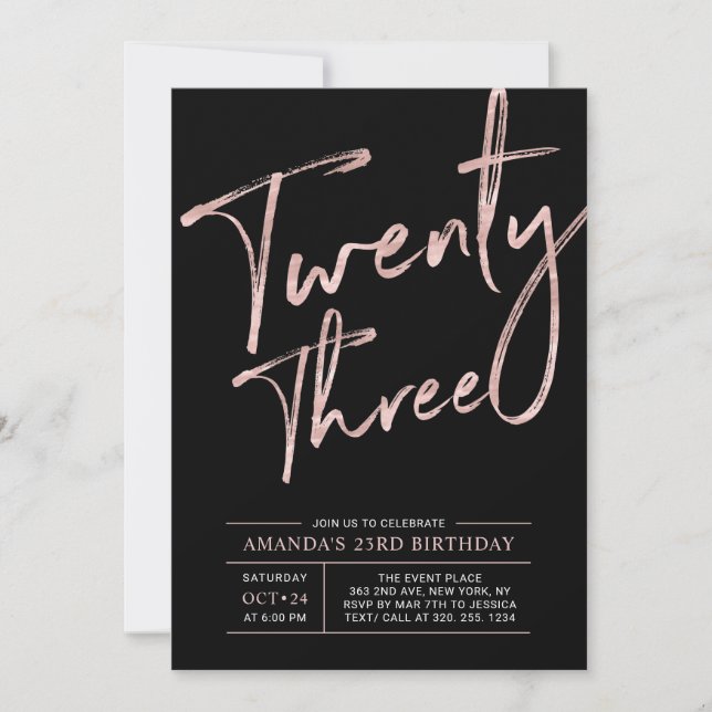 Modern Brush Script Rose Gold 23-årsfest Inbjudningar (Framsida)